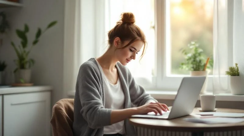 Frau am Laptop in einer hellen Wohnung in Cottbus plant ihre Weiterbildung