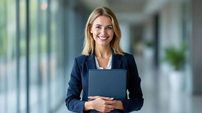Frau haelt stolz ihr IHK-Zertifikat in der Hand vor einem hellen Hintergrund