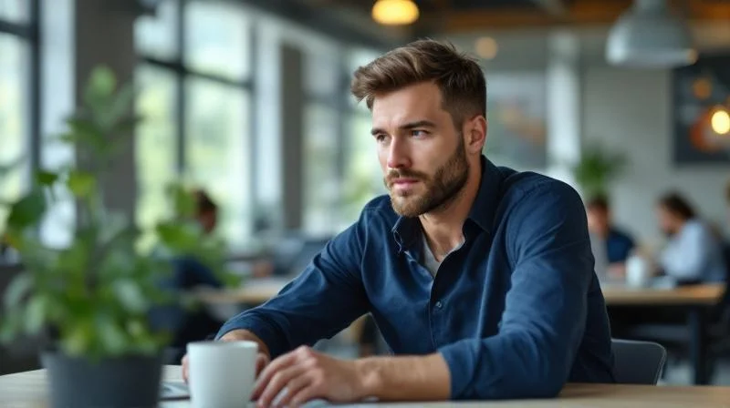 Mann sitzt konzentriert am Laptop in einem modernen Buero in Cottbus und plant seinen Karriereschritt