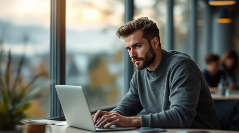 Cottbuser Angestellter im Büro mit Laptop, im Hintergrund BTU-Campus und Lausitzer Landschaft