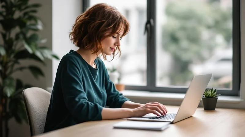 Frau sitzt am Laptop in einem hellen Büro in Cottbus und lernt KI-Automatisierung