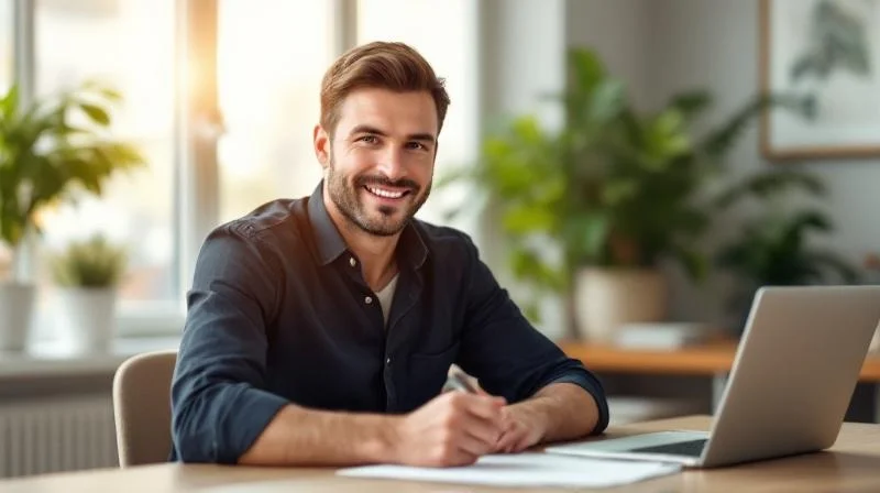 Frau in Cottbus feiert ihren IHK-Abschluss am Schreibtisch mit Unterlagen