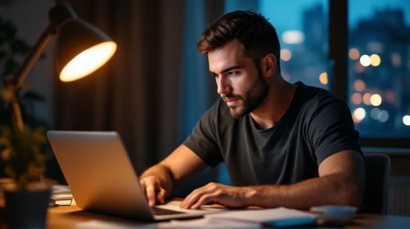 Mann arbeitet abends am Laptop an seiner Weiterbildung zum Wirtschaftsfachwirt in Cottbus